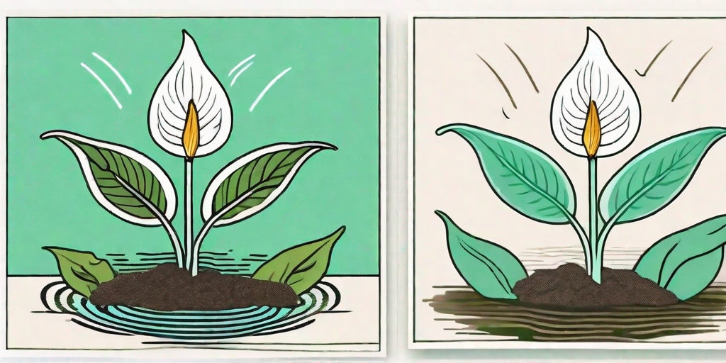 A drooping peace lily on the left side and a revived