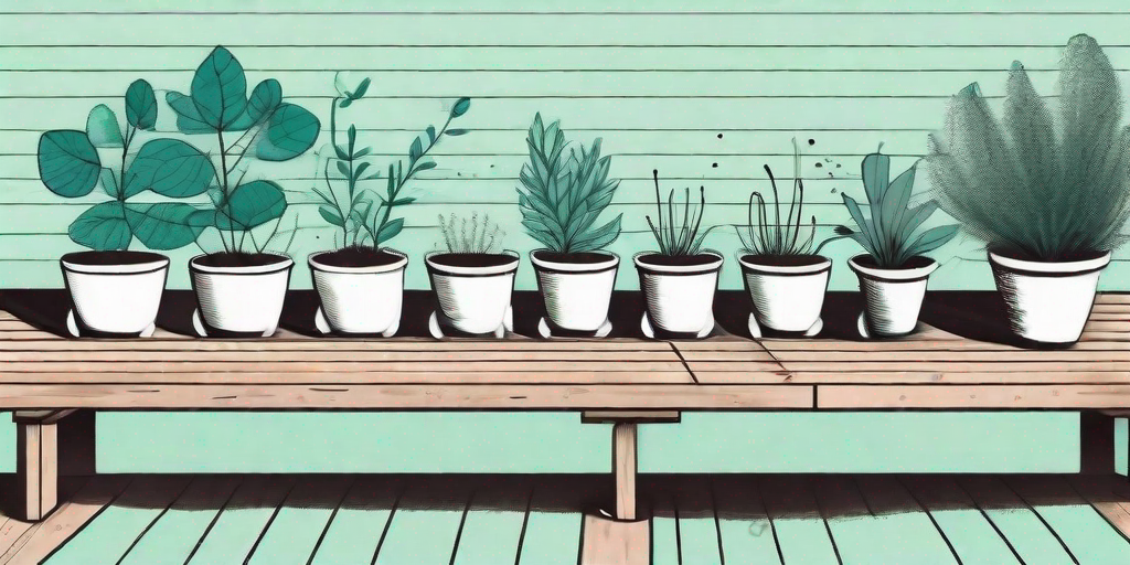 Several potted plants on a wooden deck