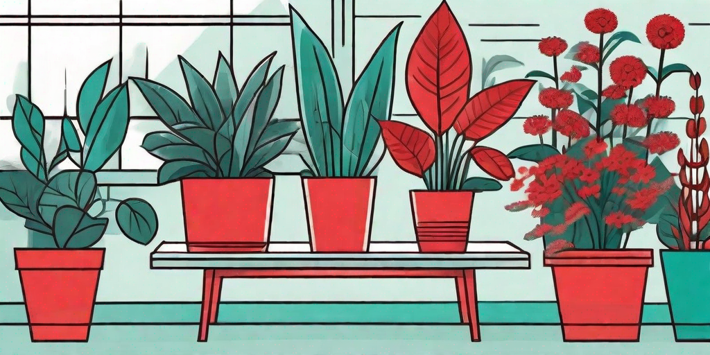A vibrant indoor garden filled with various types of red-flowered house plants