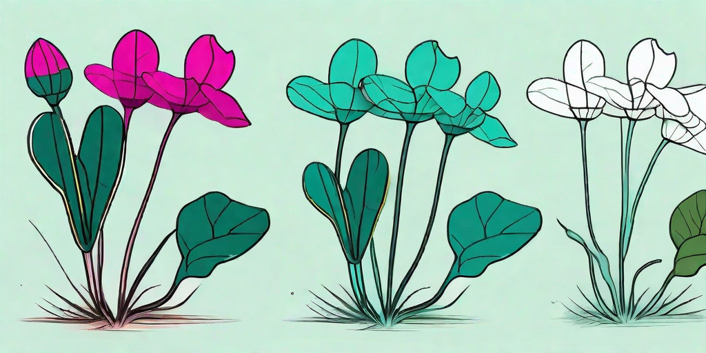 A vibrant outdoor cyclamen plant in different stages of its lifecycle