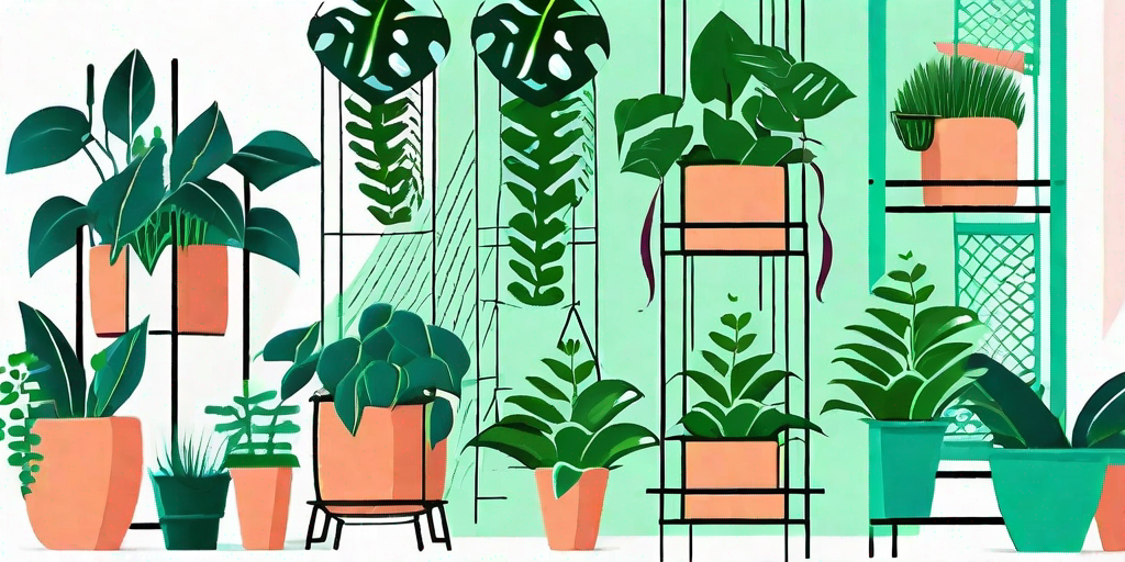 A lush garden scene highlighting various types of philodendron plants in different stages of growth and care