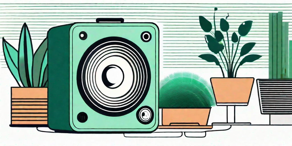 Various types of plants growing vibrantly near a speaker that is producing visible sound waves