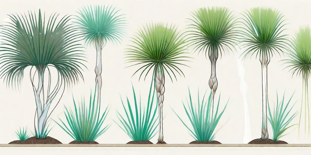 Several stages of ponytail palm pups growing from the base of a mature ponytail palm tree