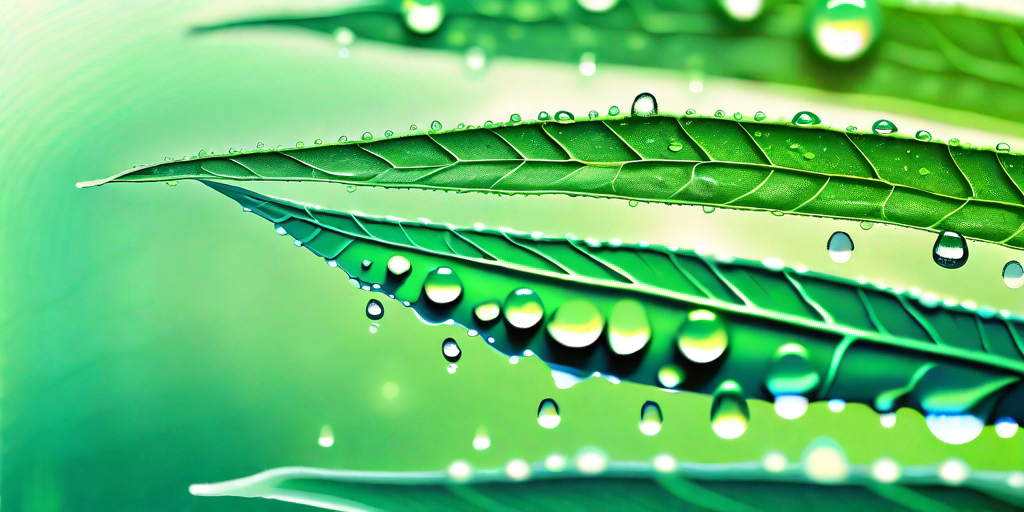 A close-up of a plant leaf with dew-like droplets at the edge