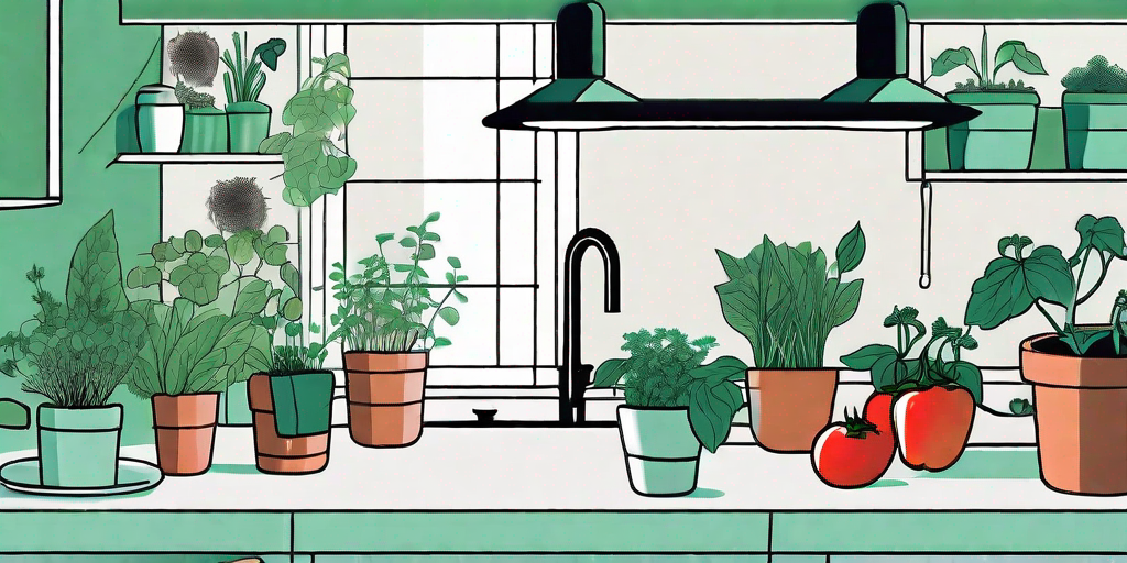 A well-lit indoor garden with various edible plants like herbs