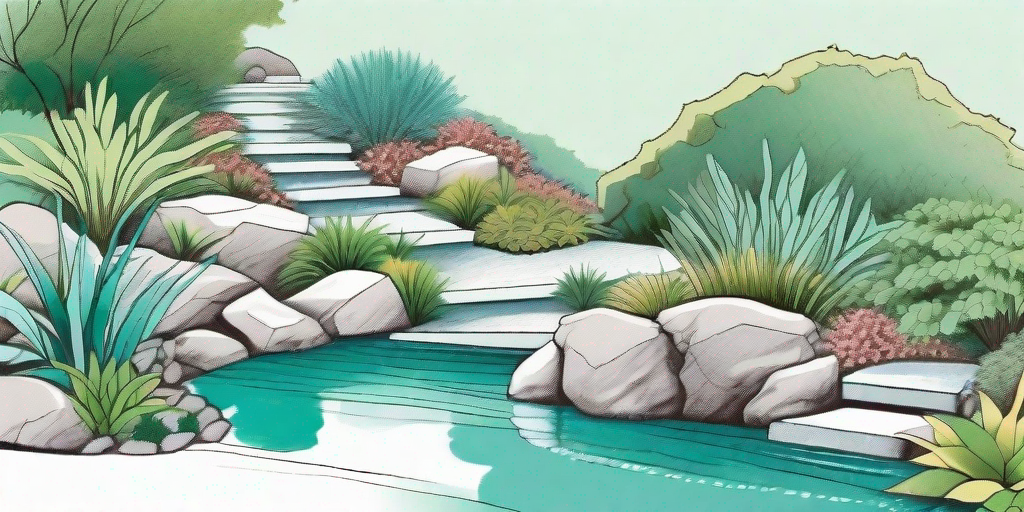 A beautifully designed sloped rock garden on a hillside