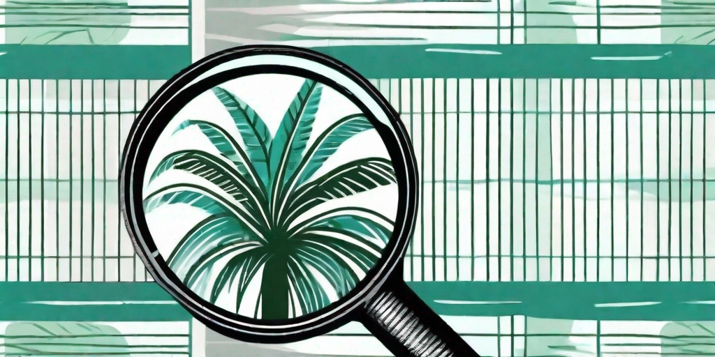 A magnifying glass hovering over a palm tree with a scale-like pattern on its trunk