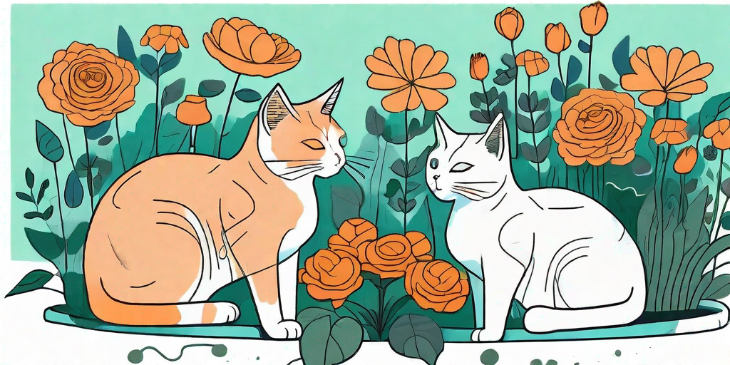 A serene garden scene filled with various cat-friendly flowers