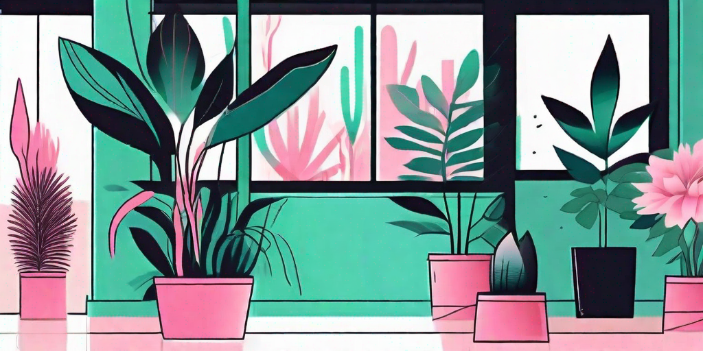 A cozy indoor setting with various types of house plants displaying vibrant pink blooms