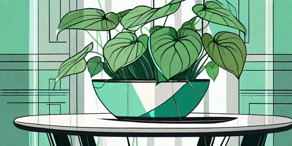 A variegated pothos plant in a stylish pot